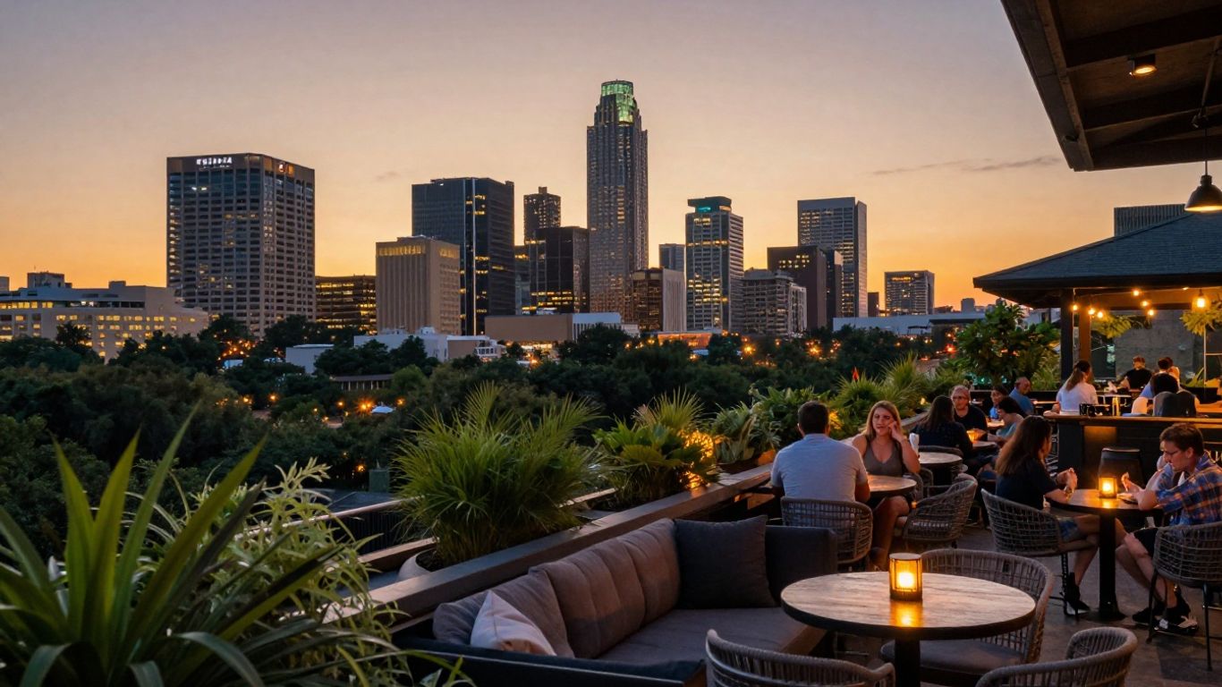 Nido rooftop bar with Austin skyline view at dusk.