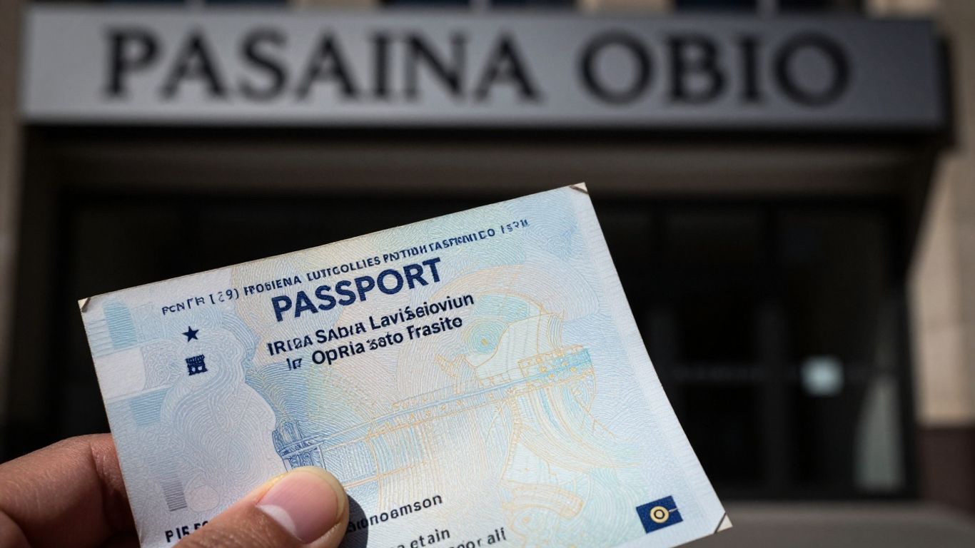 Pasaporte español en mano, fondo oficial borroso.