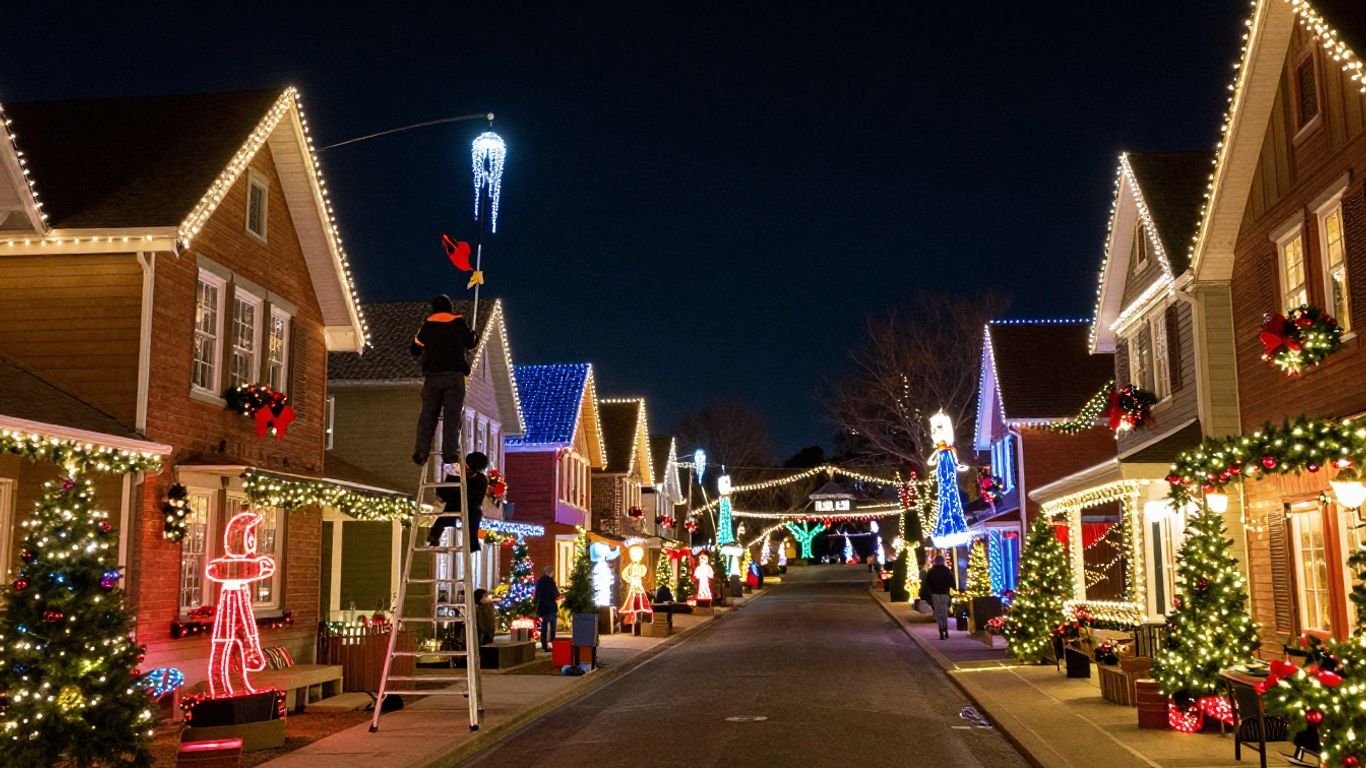Belleville homes decorated with bright Christmas lights.