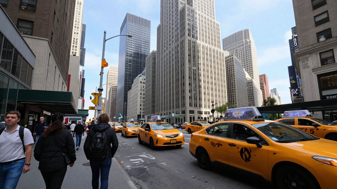 New York City skyline with busy streets and pedestrians.