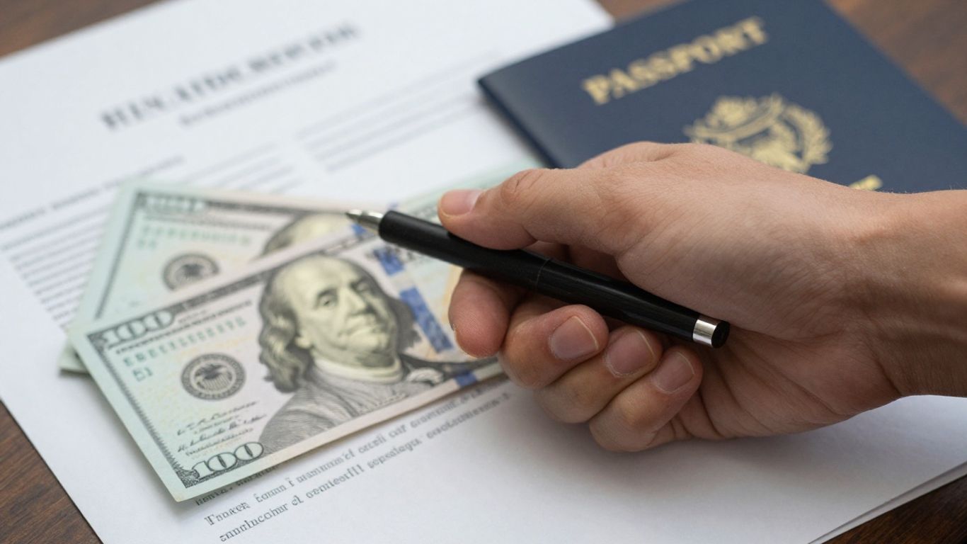 Mano estrechando mano con pasaporte y dinero.
