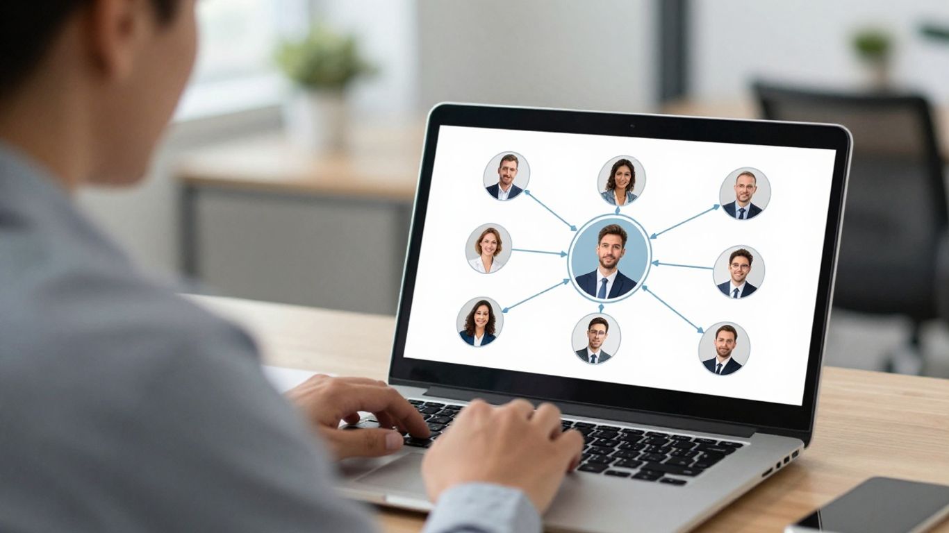 Person looking at a network of people on a laptop screen.