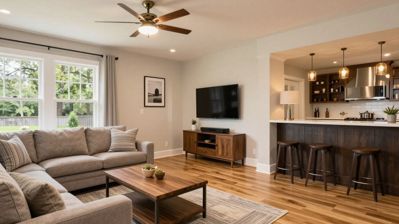 Finished basement living area with modern decor