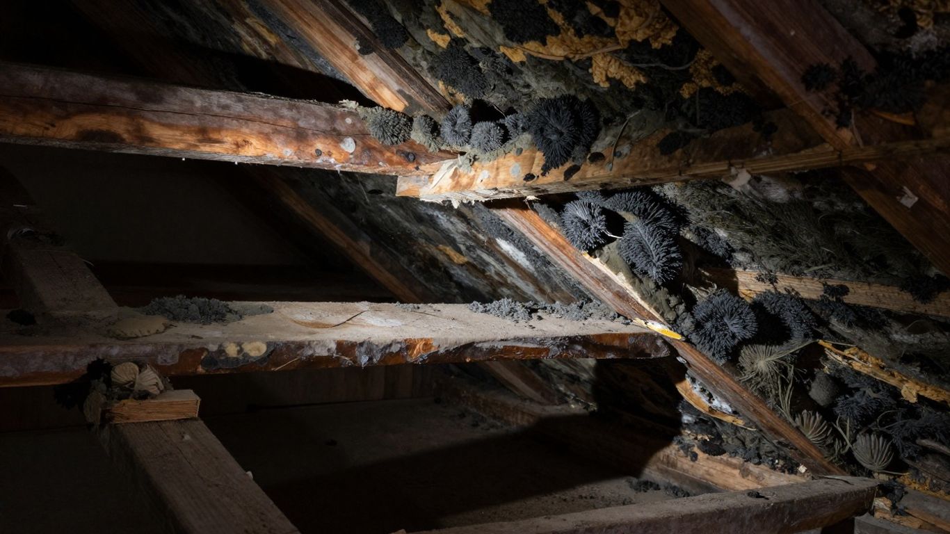 Attic mold growth on wooden beams and insulation.