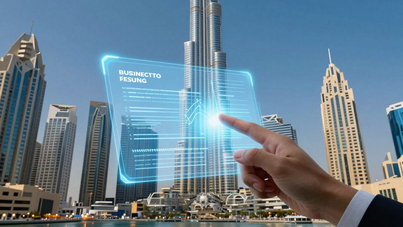 Dubai skyline with digital business renewal interface.