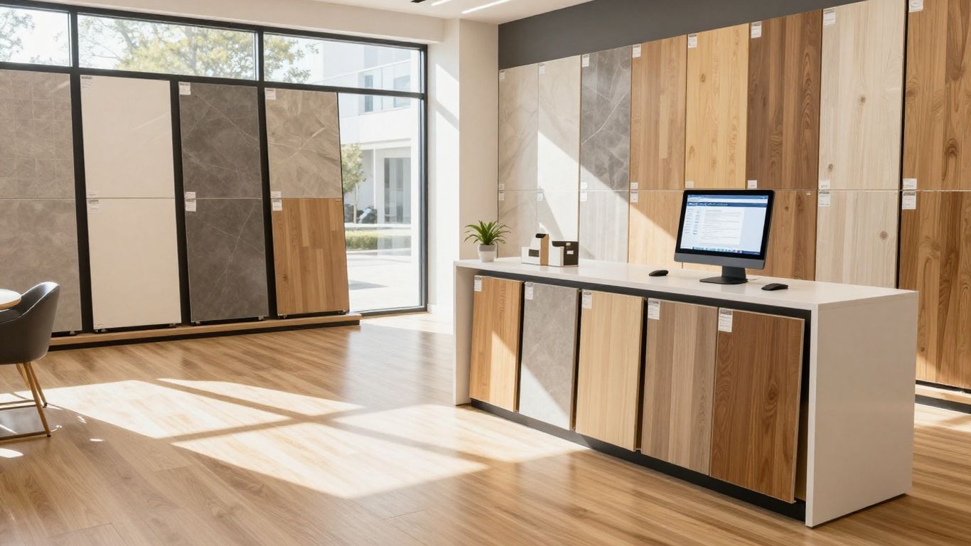 Flooring showroom with samples and retail software interface.