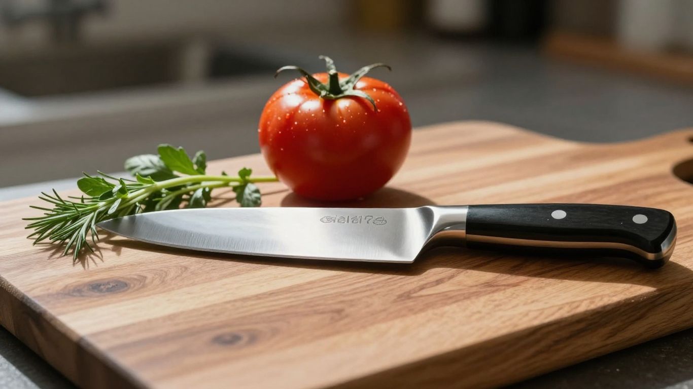 Luxury chef's knife on a wooden cutting board with herbs.