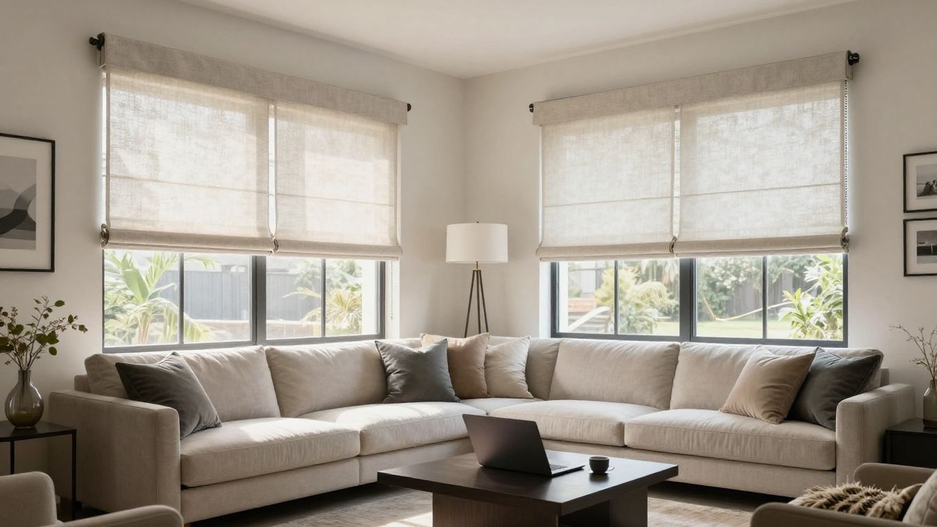 Window treatments in a sunlit room with a laptop.