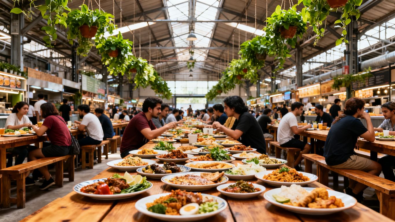Diverse culinary stalls at Mercado del Rio