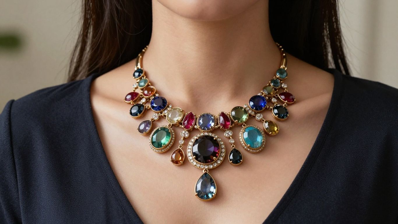 Woman wearing a bold, colorful statement necklace.