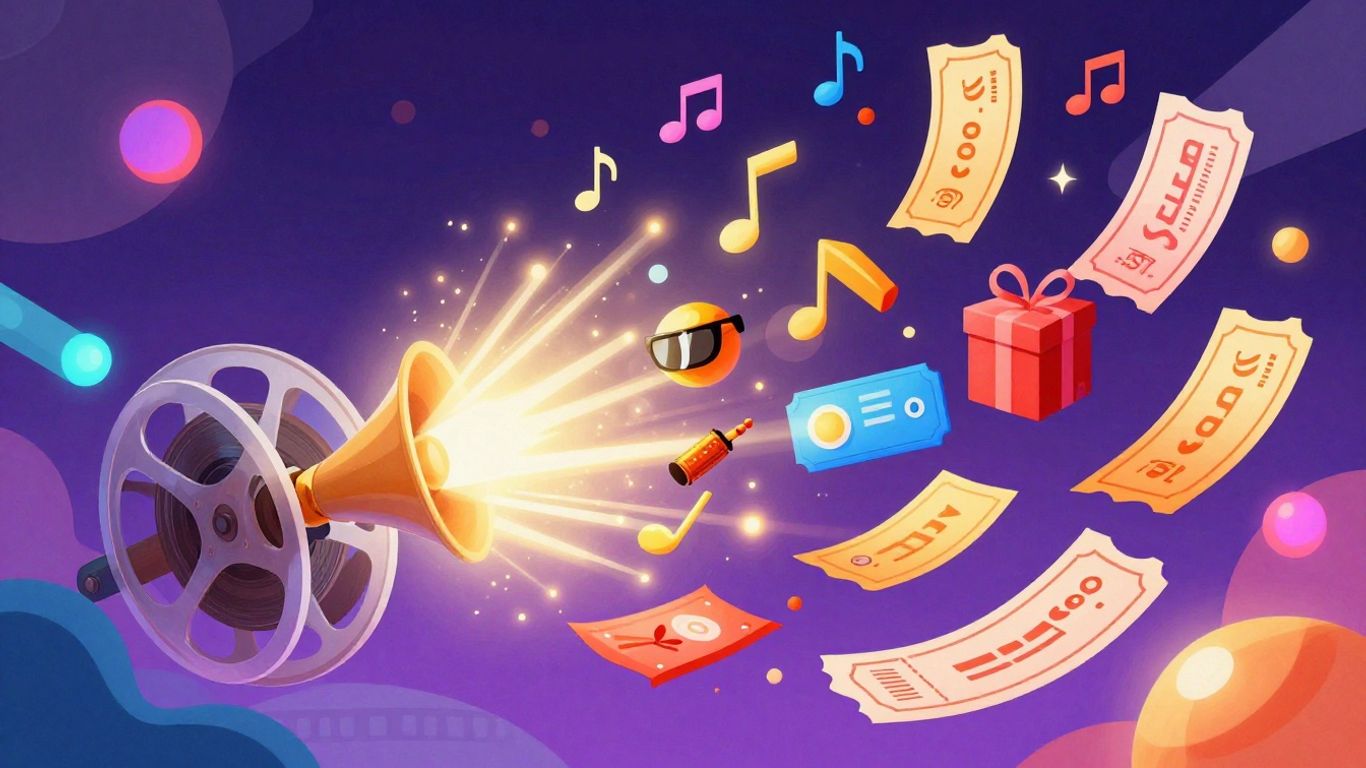 Pop culture icons and film reel in a game-like illustration.