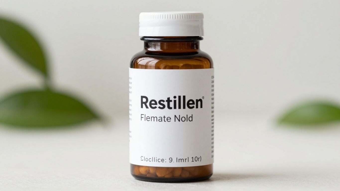 Restilen supplement bottle with calming background.