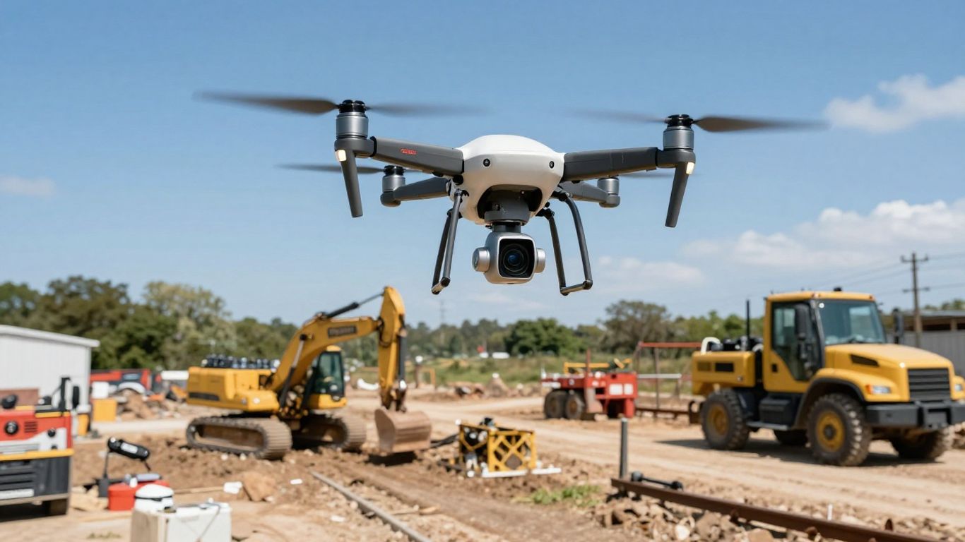 Drone monitoring utility line near construction equipment.
