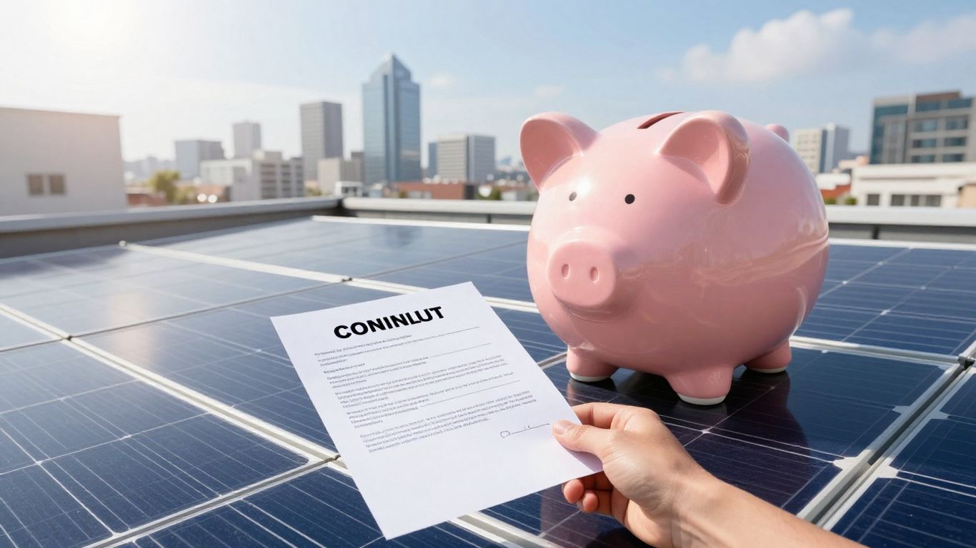 Solar panels on a roof with a contract and piggy bank.