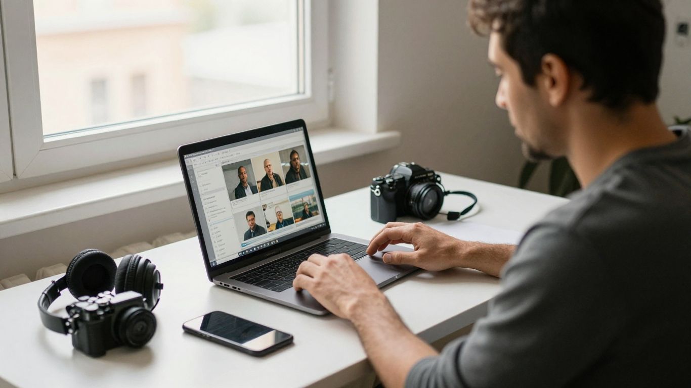 A small business owner sorting video clips at a laptop