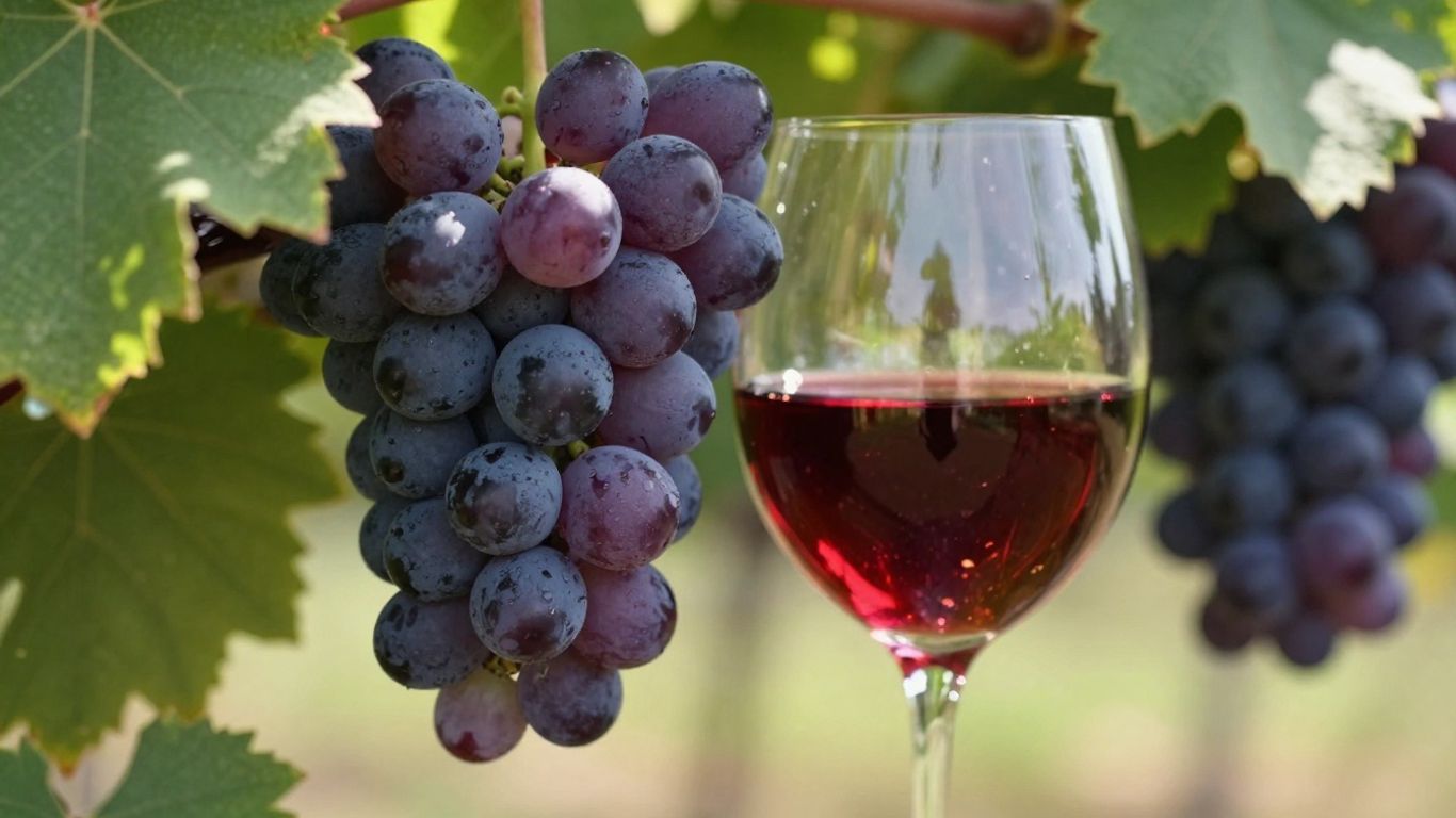 Uvas em videira e taça de vinho tinto.