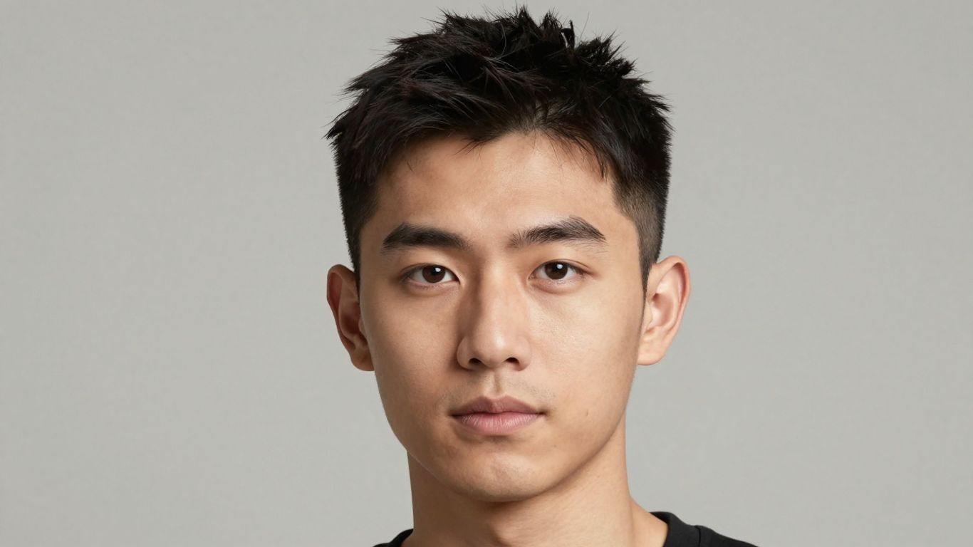 Man with oval face and textured crop haircut.