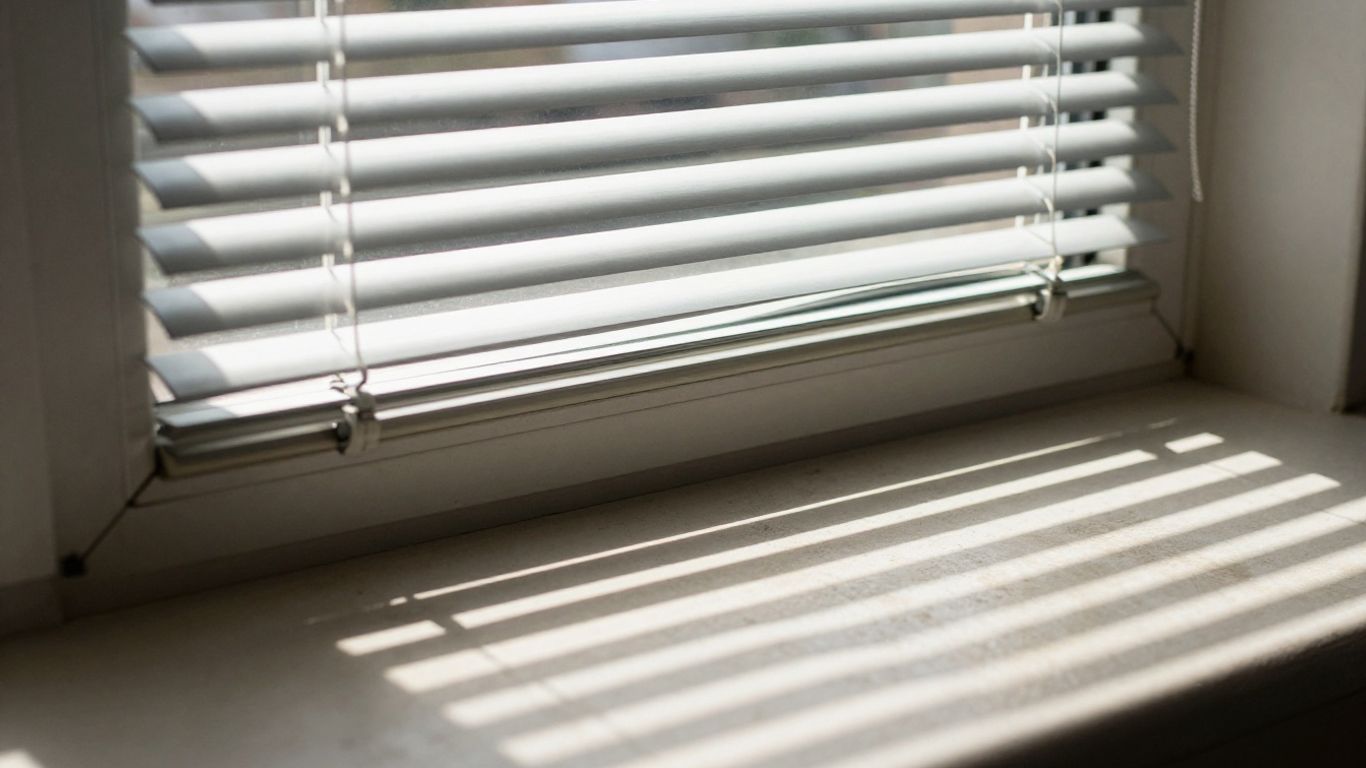 Window blinds with sunlight streaming through gaps.