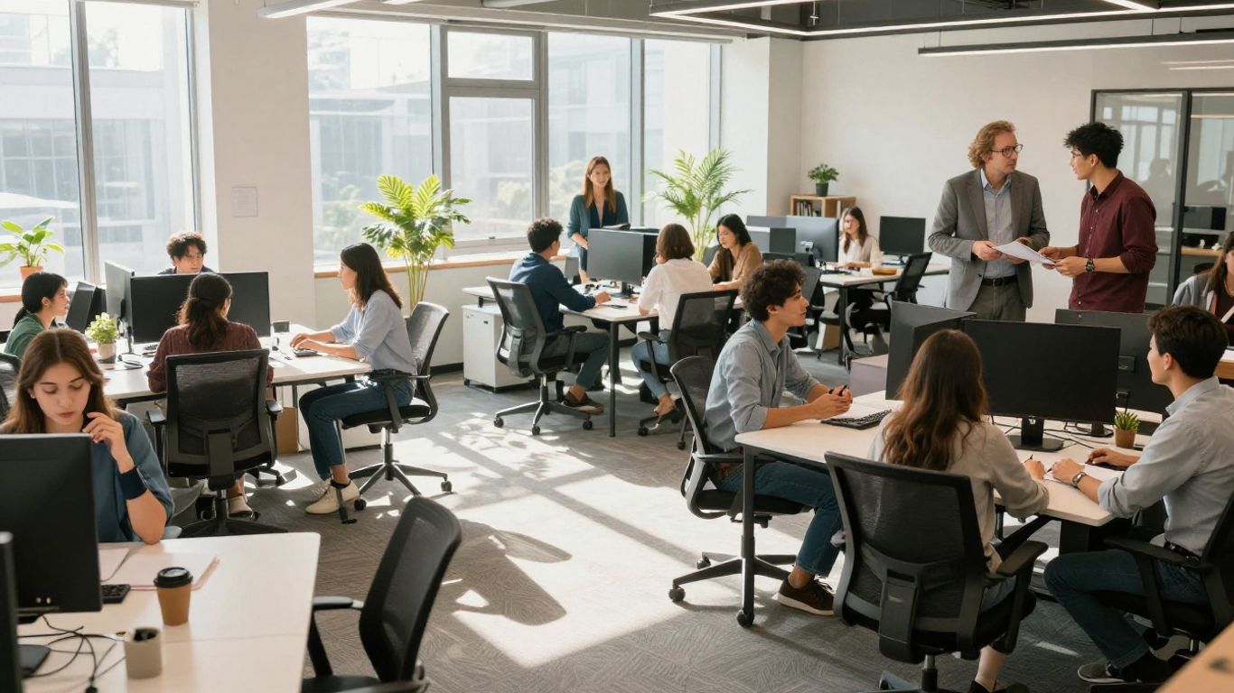 SaaS company teams collaborating in a modern office.