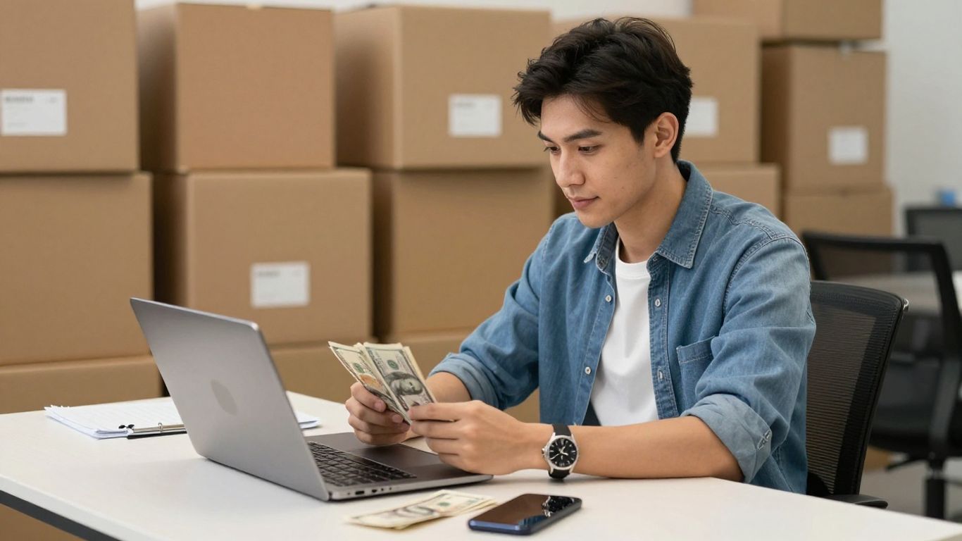 Persona joven con dinero y portátil en oficina moderna
