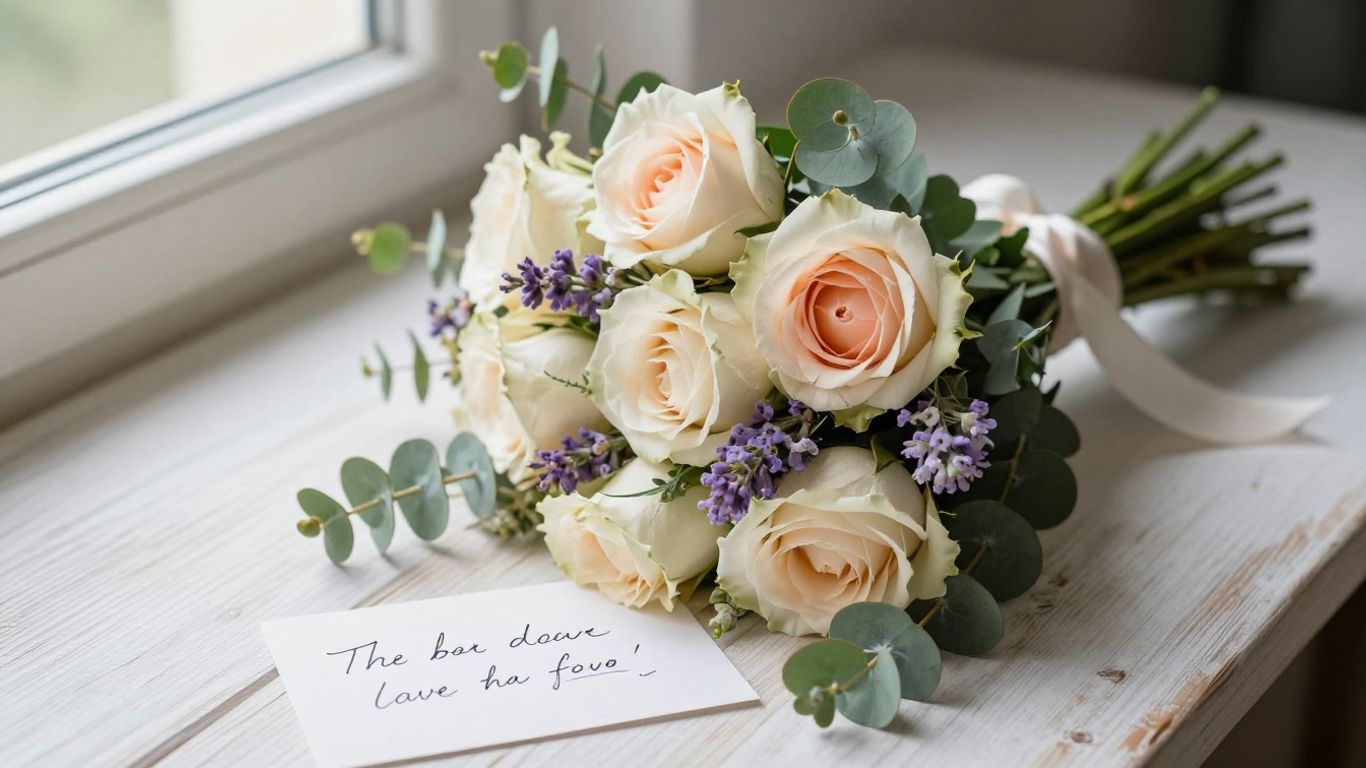 Handwritten note beside a textured flower bouquet