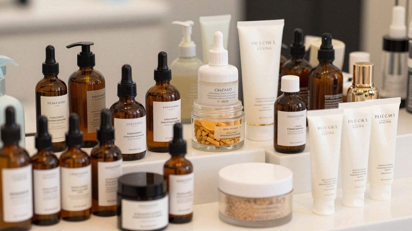 Assorted skincare and makeup products display