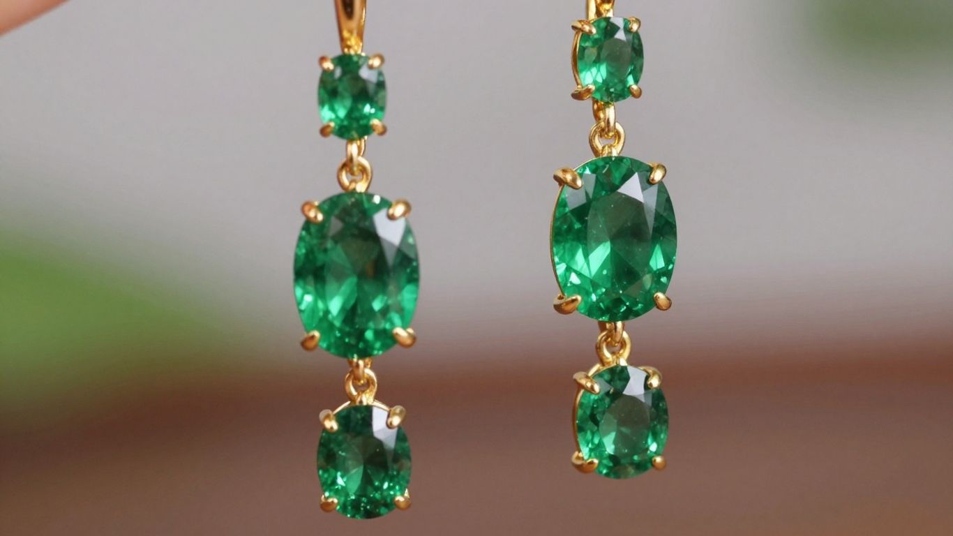 Elegant emerald drop earrings with gold settings.