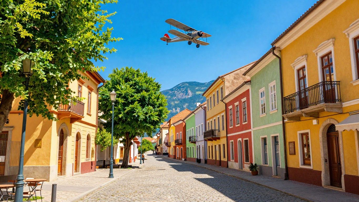 Affordable European travel destination with airplane and cityscape.