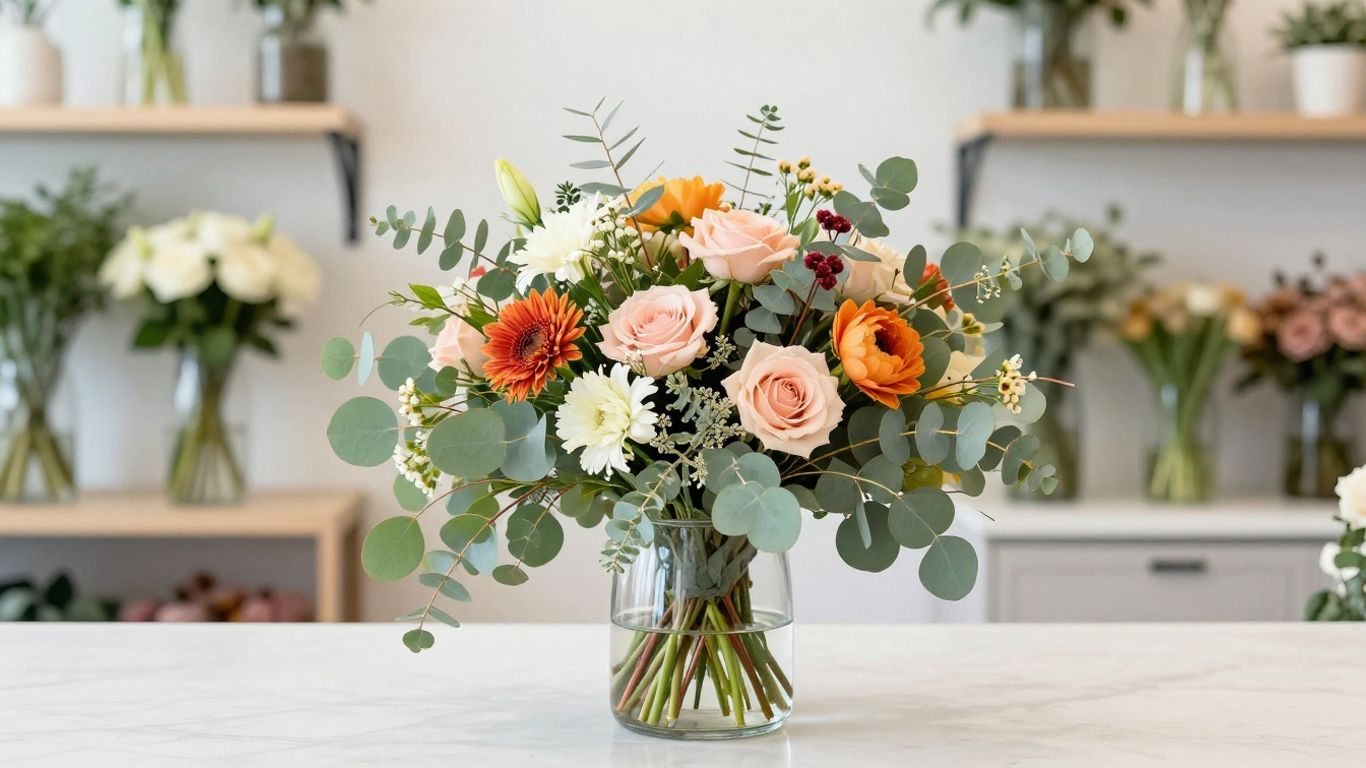 Floral bouquet on workspace