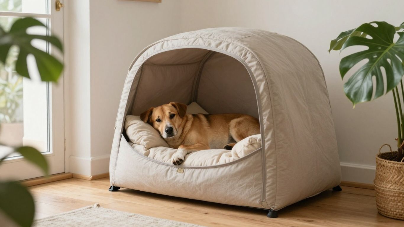 Calm dog resting inside a cozy crate