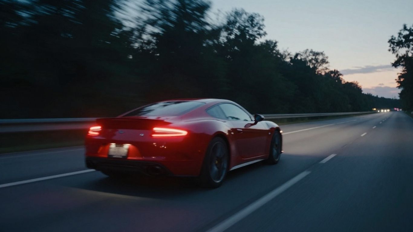Red sports car speeding down a highway at dusk.