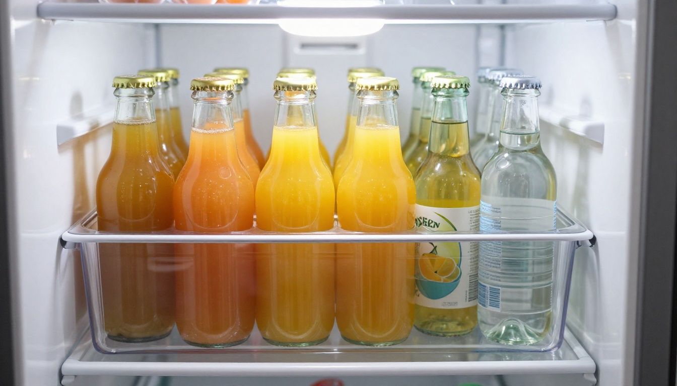 Clear rectangular plastic bins sitting on a fridge shelf, neatly holding upright glass bottles of juice and water.