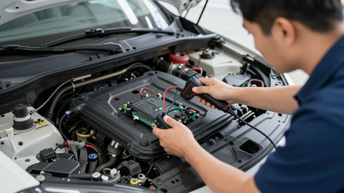 Mechanic connecting diagnostic equipment inside car