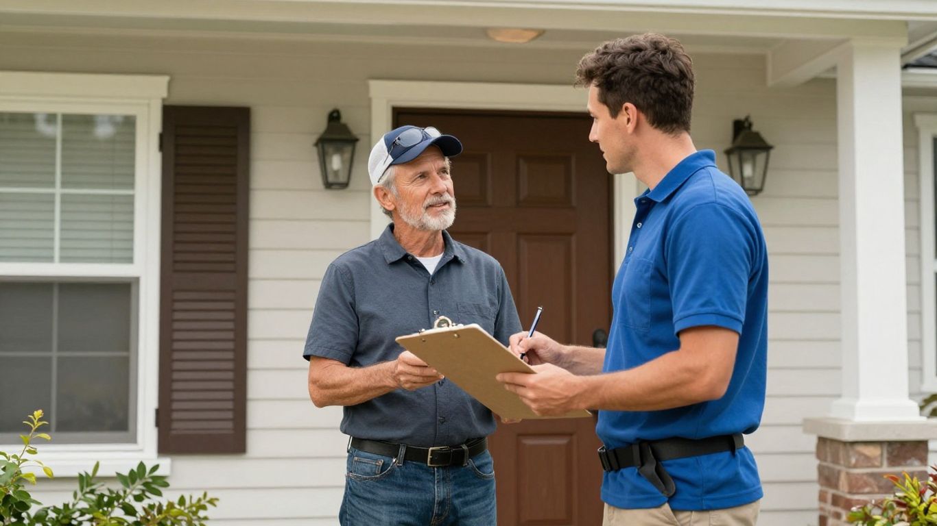 Roofing contractor at a residential front door.