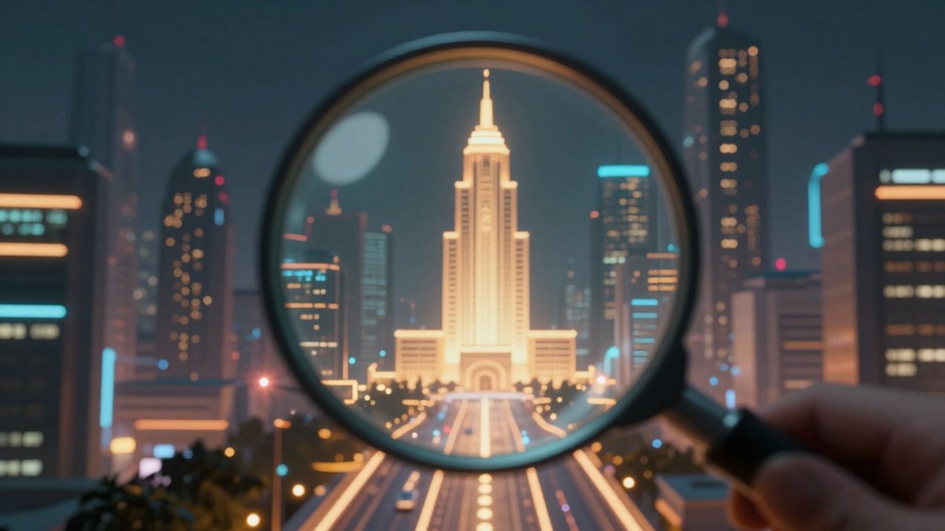 Futuristic cityscape with magnifying glass and authoritative building.