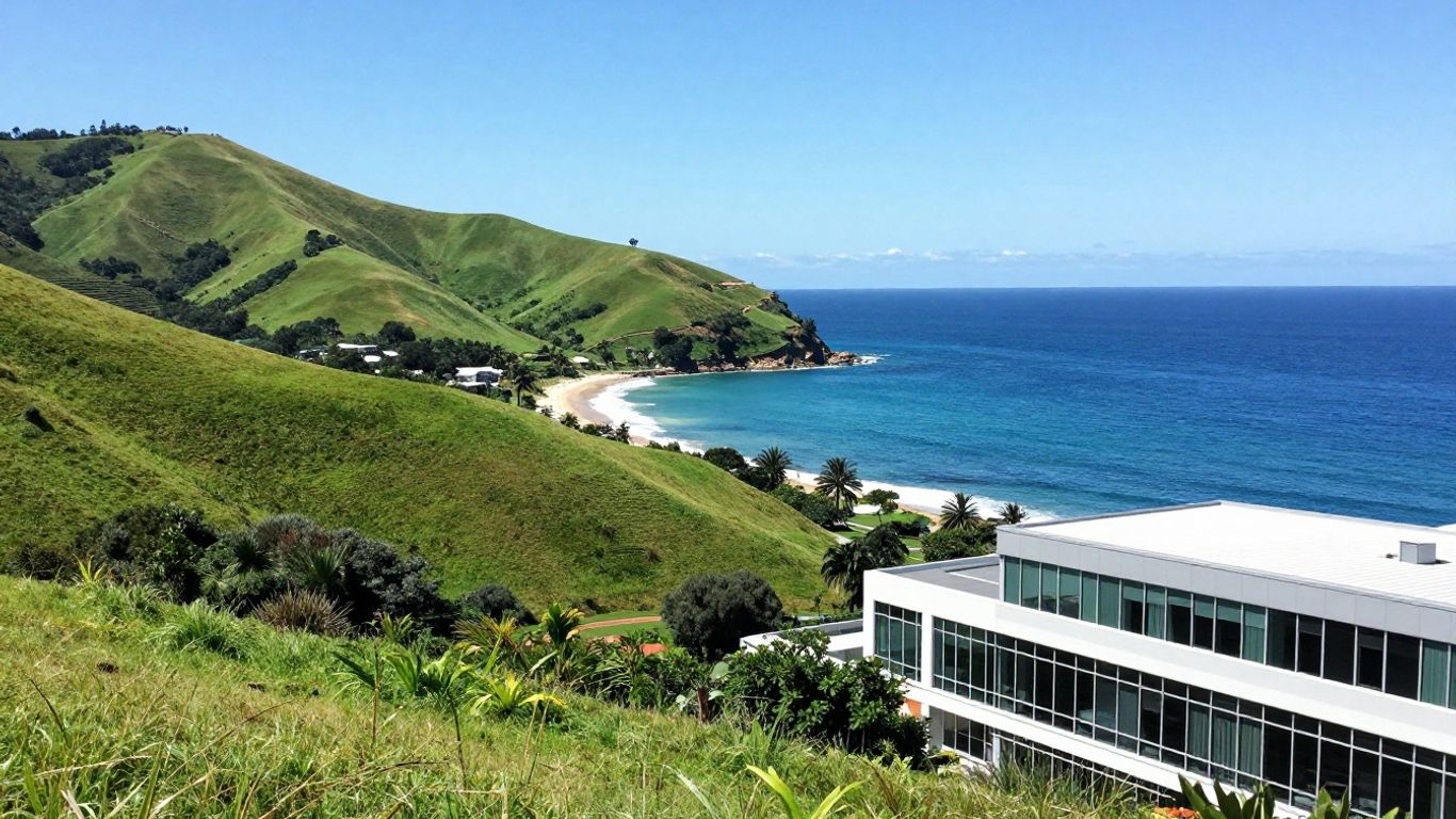 Sunshine Coast landscape with modern office building and digital elements.