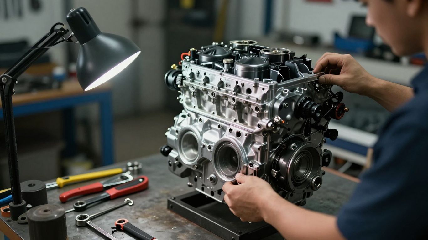 Mechanic inspecting a clean, shiny replacement engine.