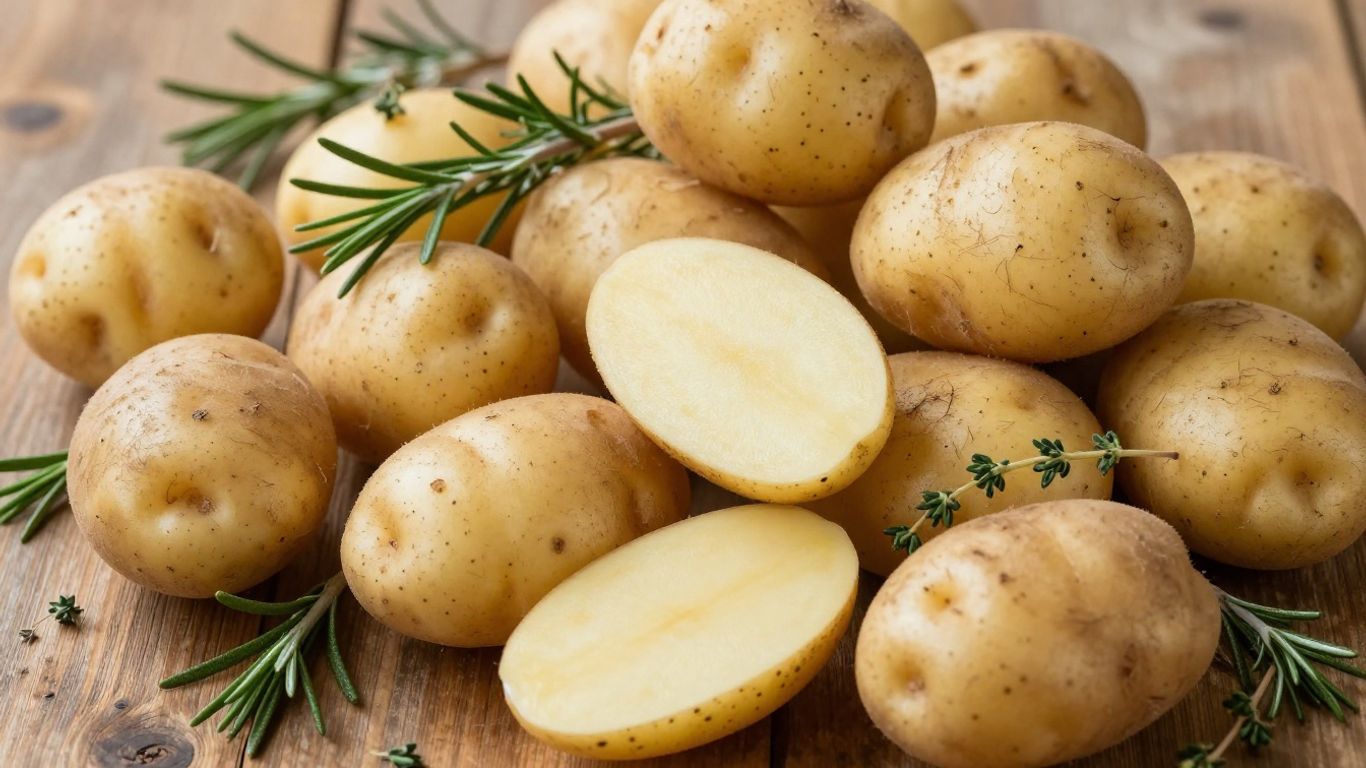 Biologische aardappelen op een rustieke tafel met kruiden.