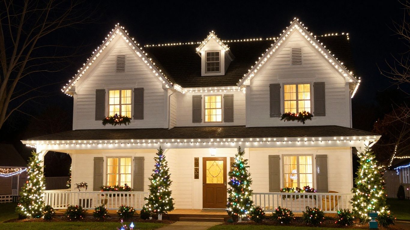 Professionally installed Christmas lights on a house.