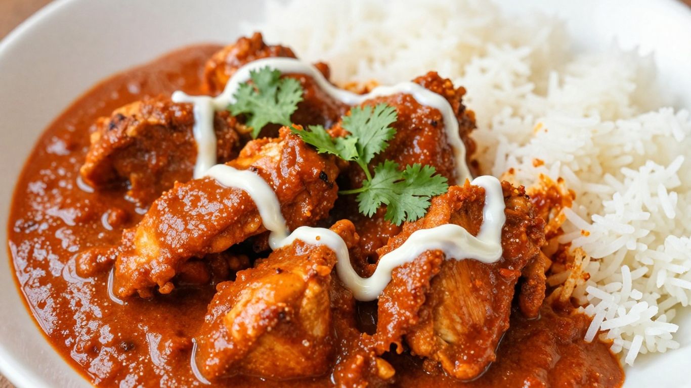 Spicy Indian chicken curry with cilantro and rice