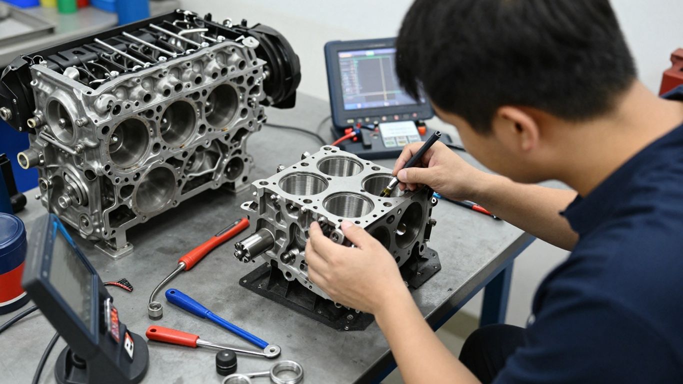 Mechanic inspecting a damaged vehicle engine