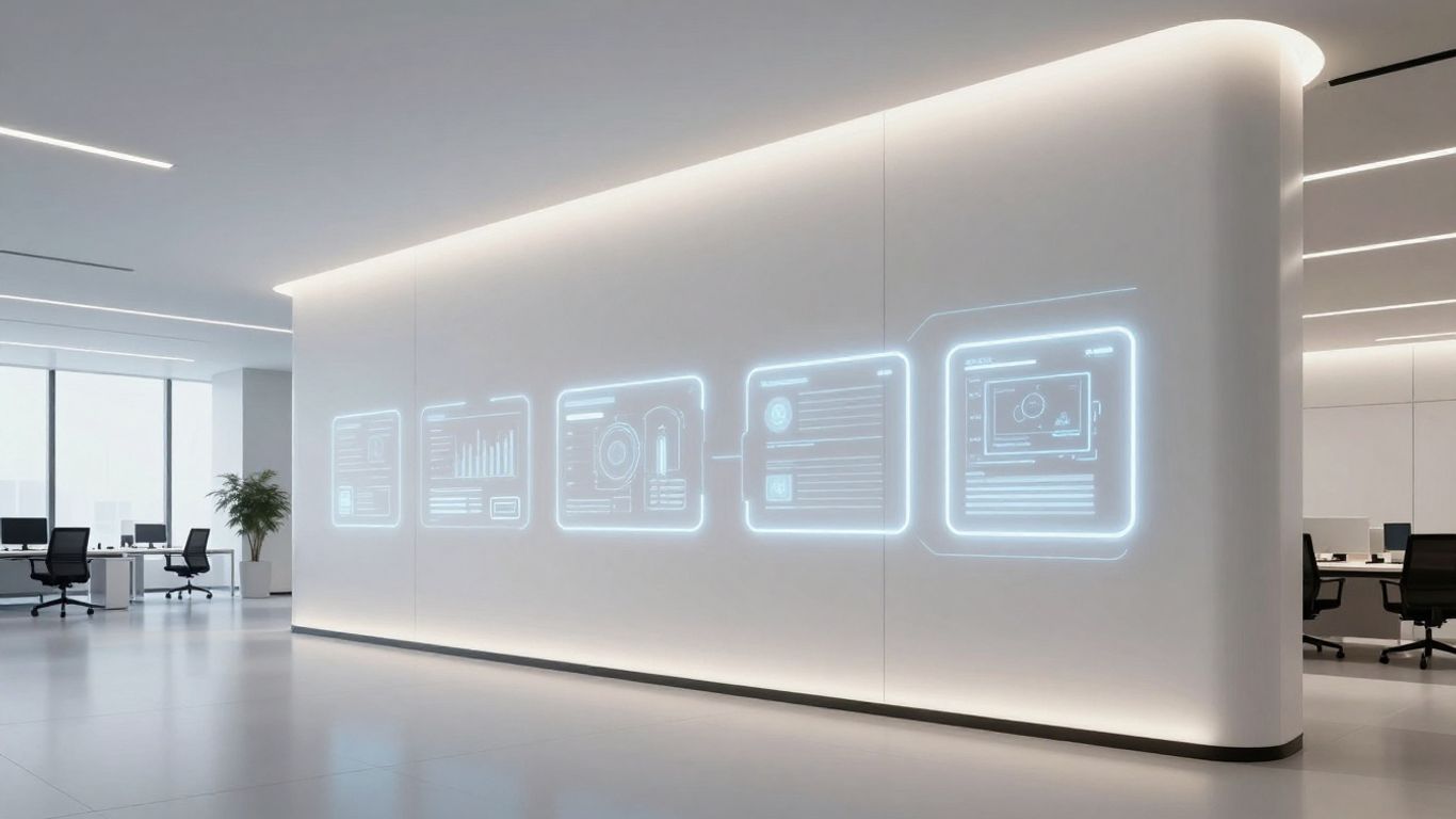 Modern office with integrated AI interface, suggesting efficiency.