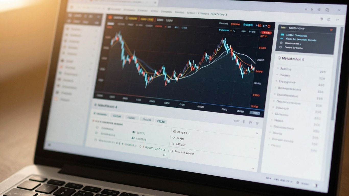 MetaTrader 4 trading platform on a laptop screen.