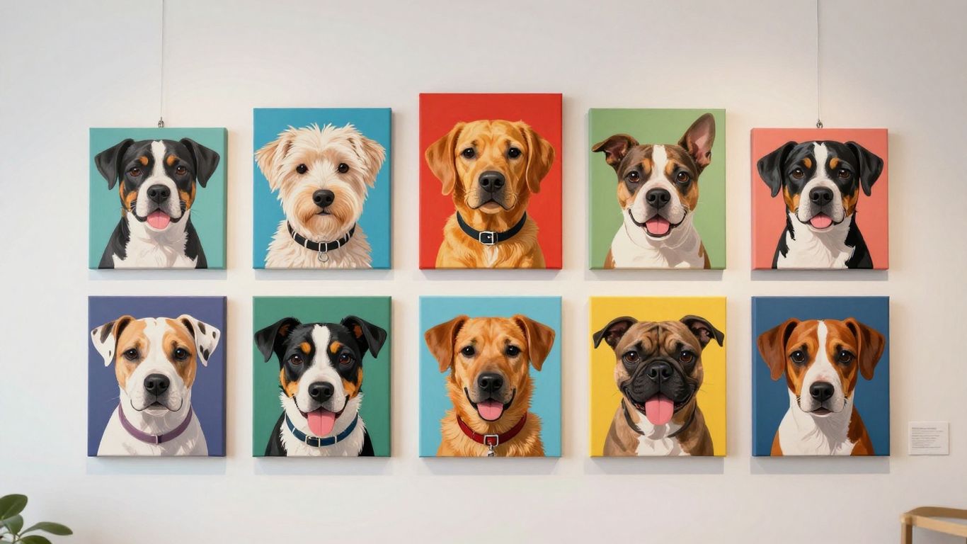 Custom pet portrait acrylic prints on a gallery wall.