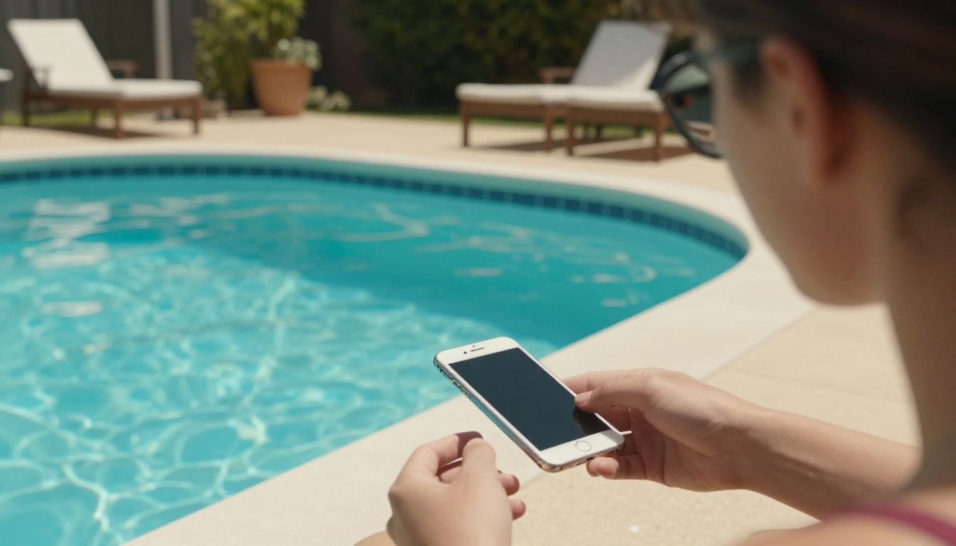 A person accidentally dropping their iPhone near a swimming pool in a sunny Australian backyard