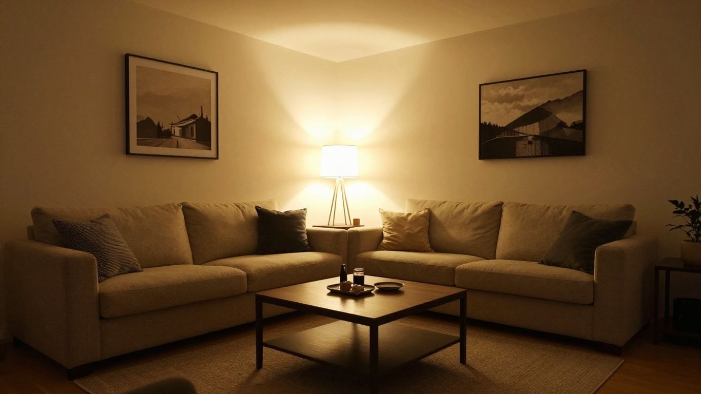 Low ceiling living room with warm accent lighting.