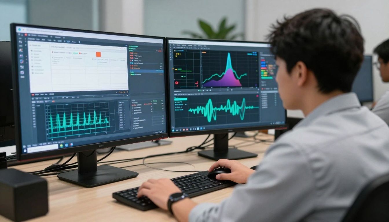 Um profissional utilizando múltiplos monitores com interfaces de softwares de gravação de tela abertas, exibindo gráficos de software, ondas sonoras de microfone e configurações de vídeo em um ambiente iluminado e tecnológico