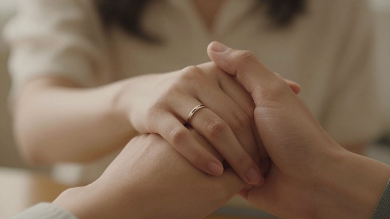 Two hands intertwined, one with a ring.