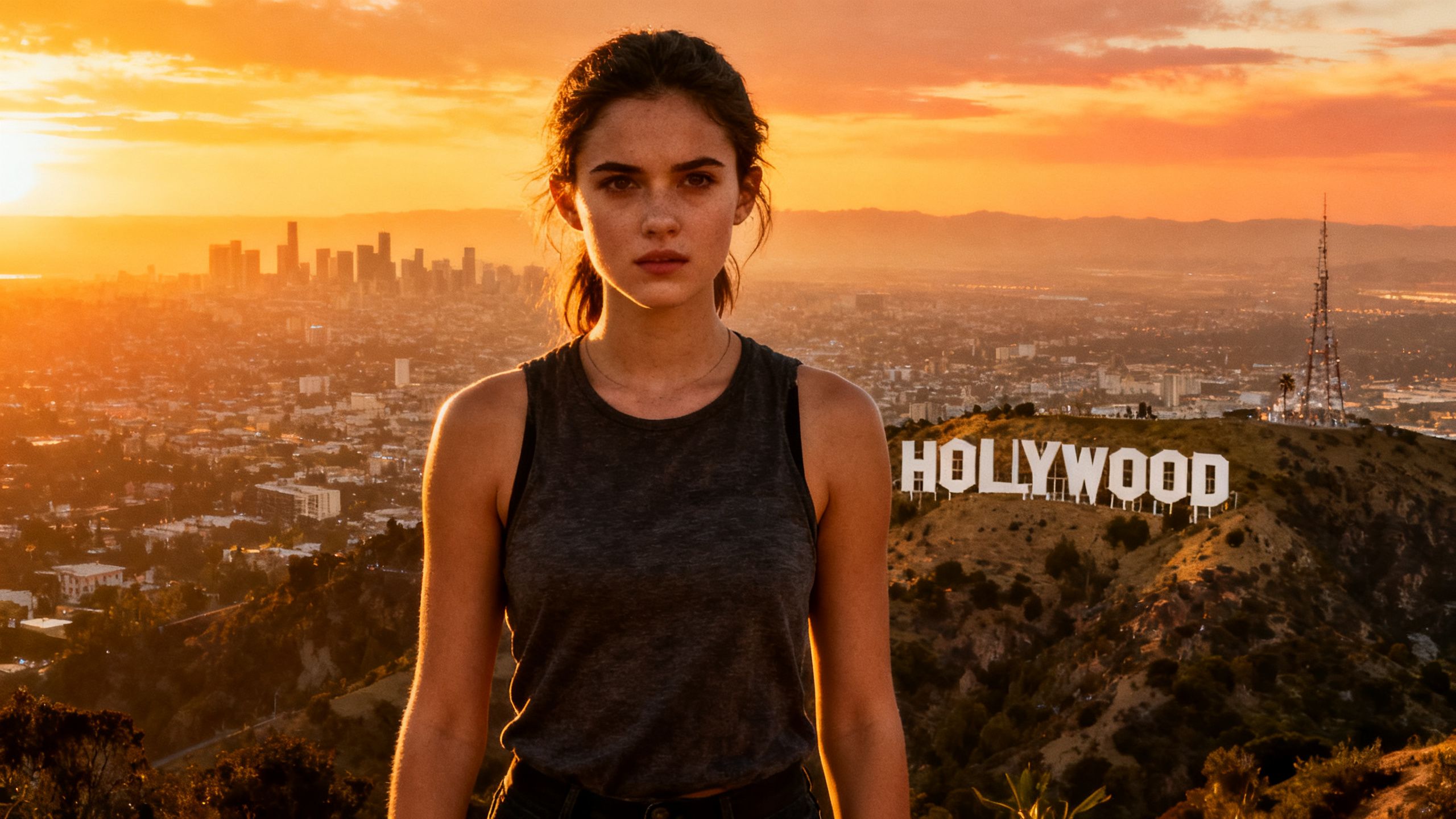 AI character Tilly Norwood in front of the Hollywood sign.