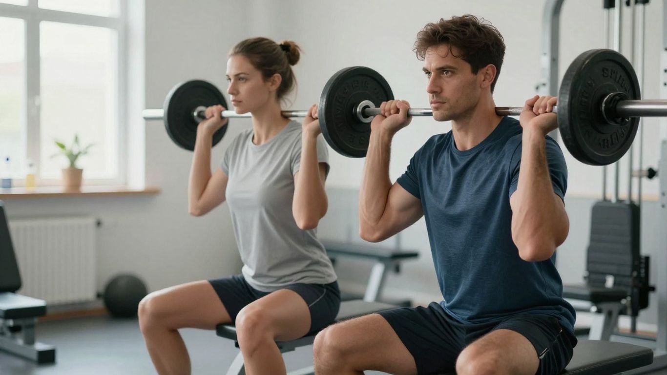 Man and woman lifting weights in a gym.